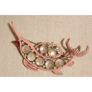 Rare VTG Pink Enamel Swordfish Marlin Brooch Moonstone Rhinestone Nautical READ